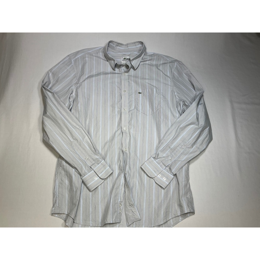 Lacoste Striped Button Down Shirt Mens 44 M/L Beige Long Sleeve Dress Shirt